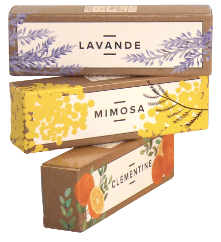étuis carton lavande mimosa clémentine